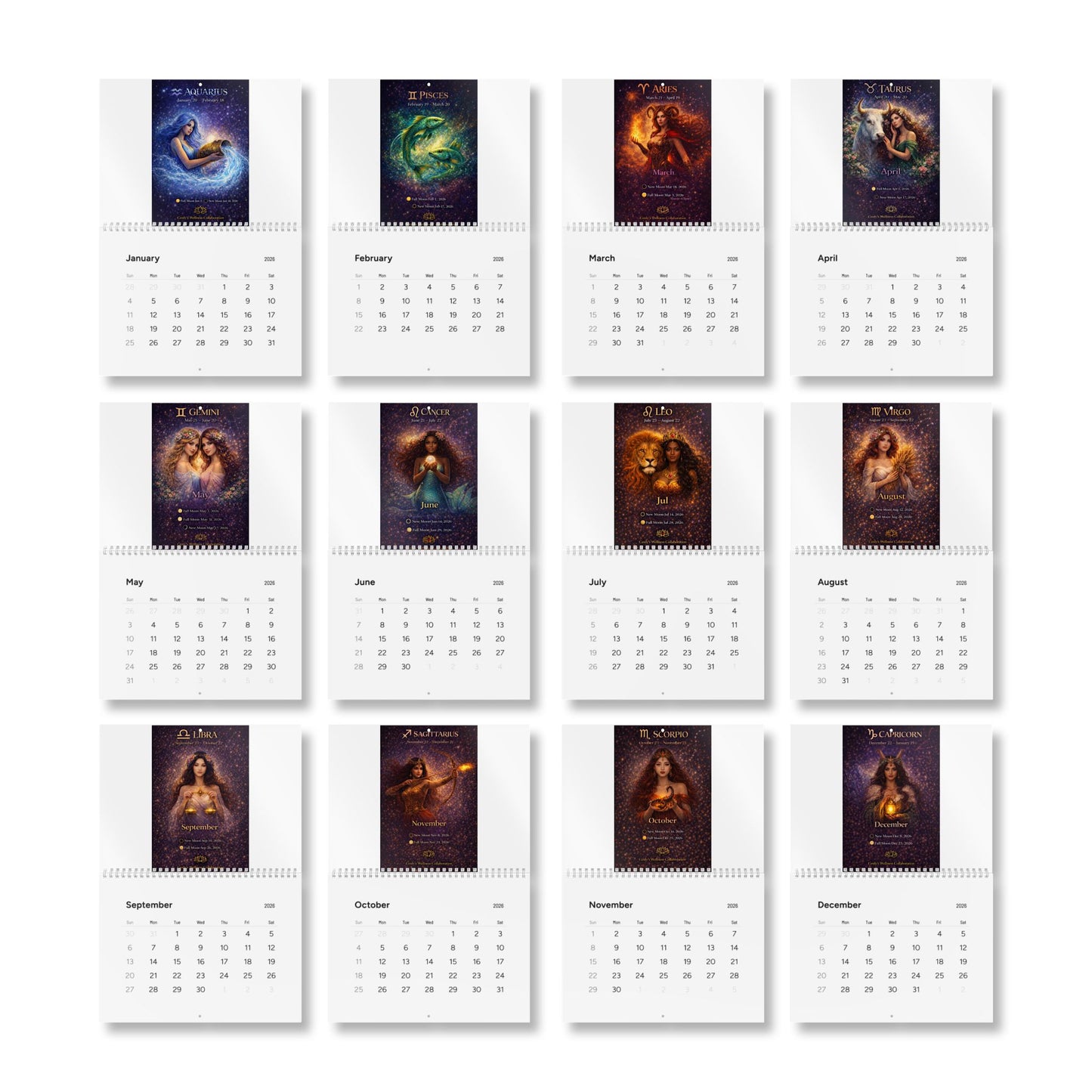 2026 Wall Calendar — Monthly Planner showing dates for new and full moon