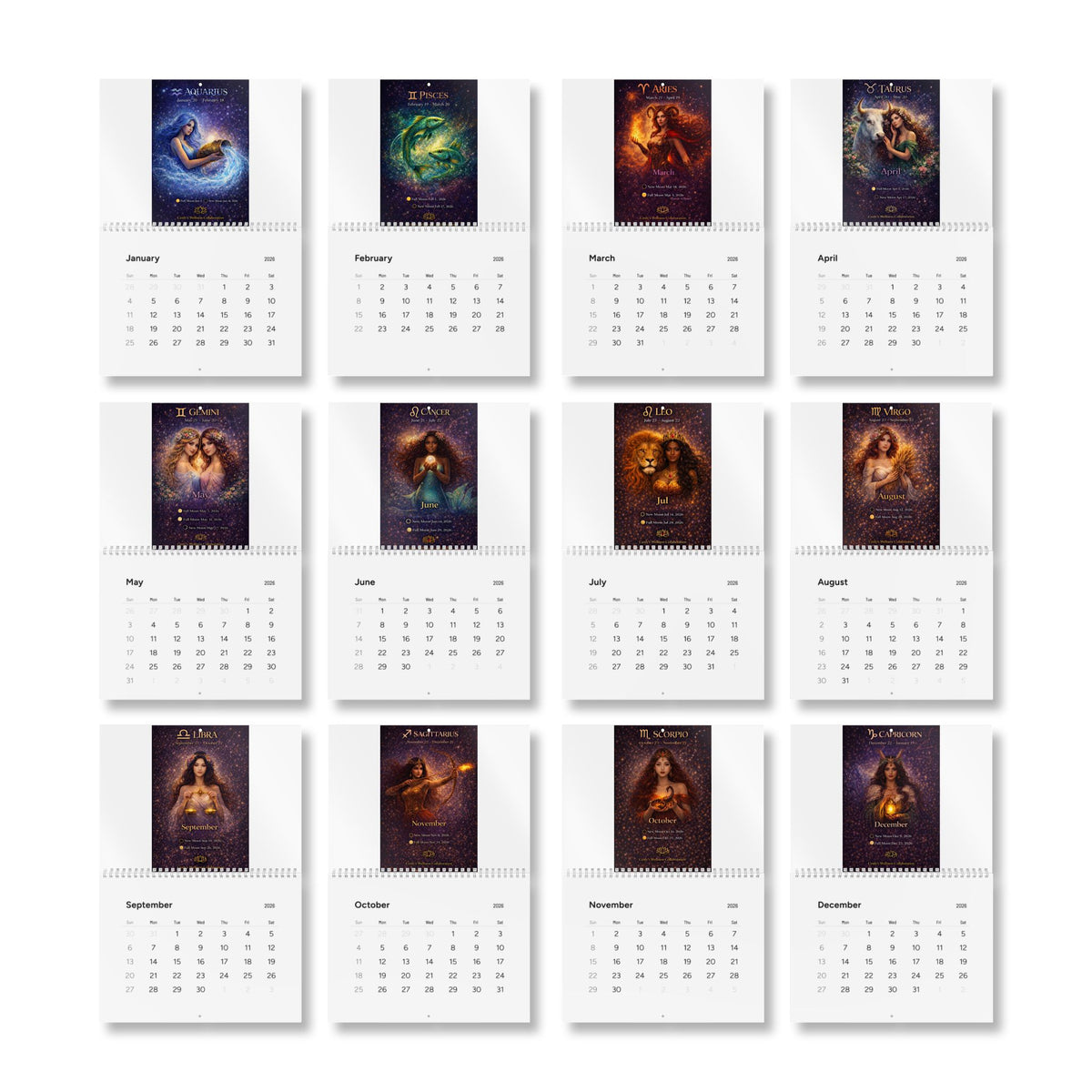 2026 Wall Calendar — Monthly Planner showing dates for new and full moon