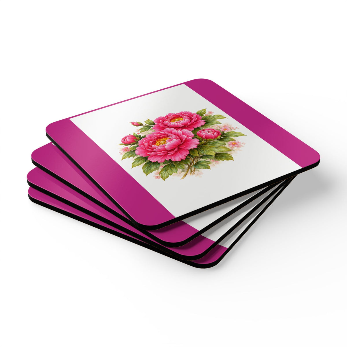 Floral Peony Cork Coaster Set — Pink Vintage Garden Drink Coasters (4-Pack)