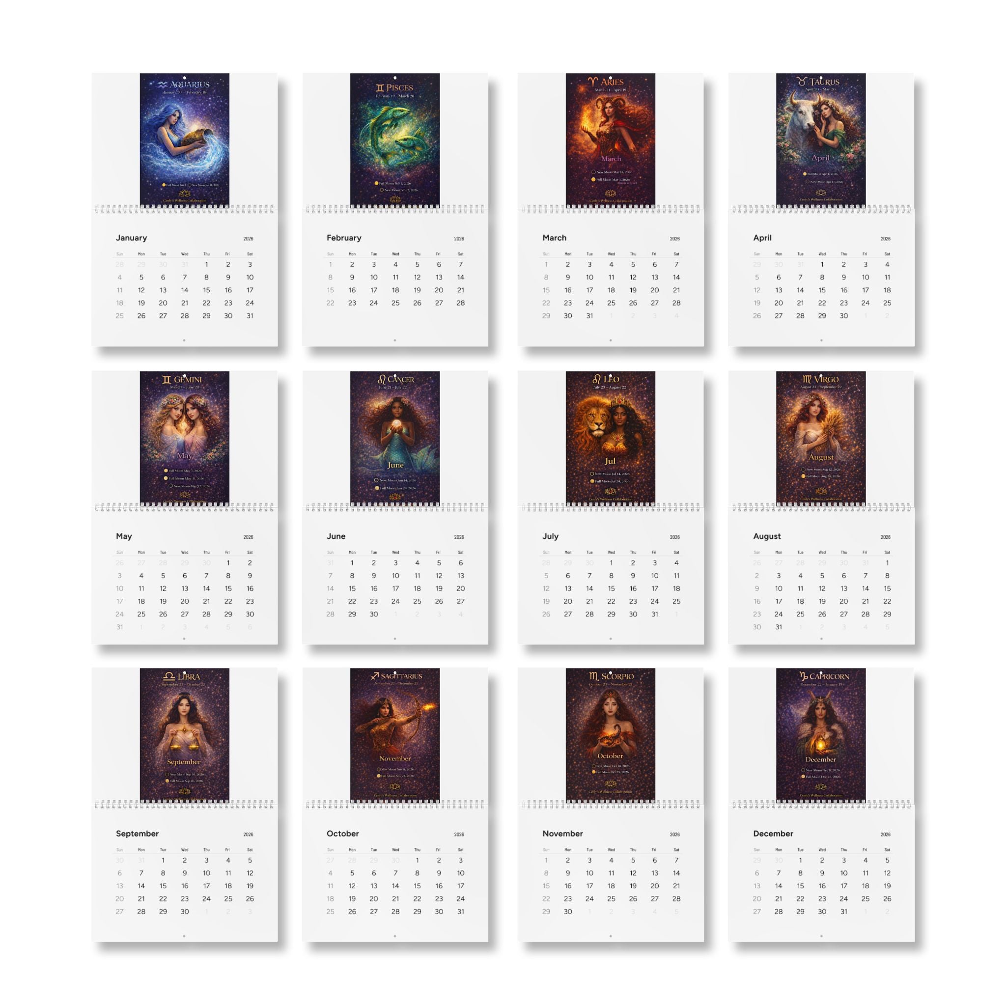 2026 Wall Calendar — Monthly Planner showing dates for new and full moon