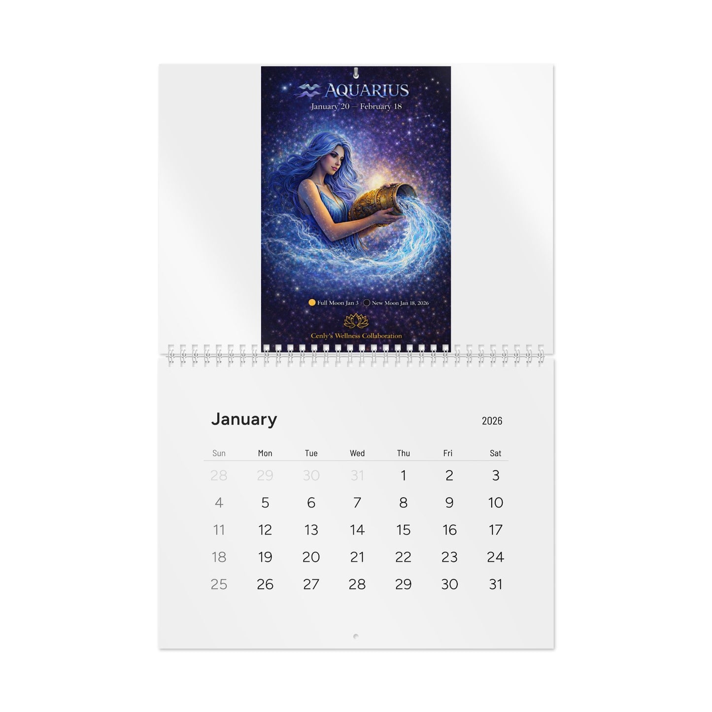 2026 Wall Calendar — Monthly Planner showing dates for new and full moon