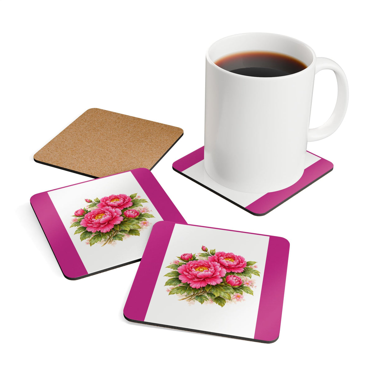 Floral Peony Cork Coaster Set — Pink Vintage Garden Drink Coasters (4-Pack)